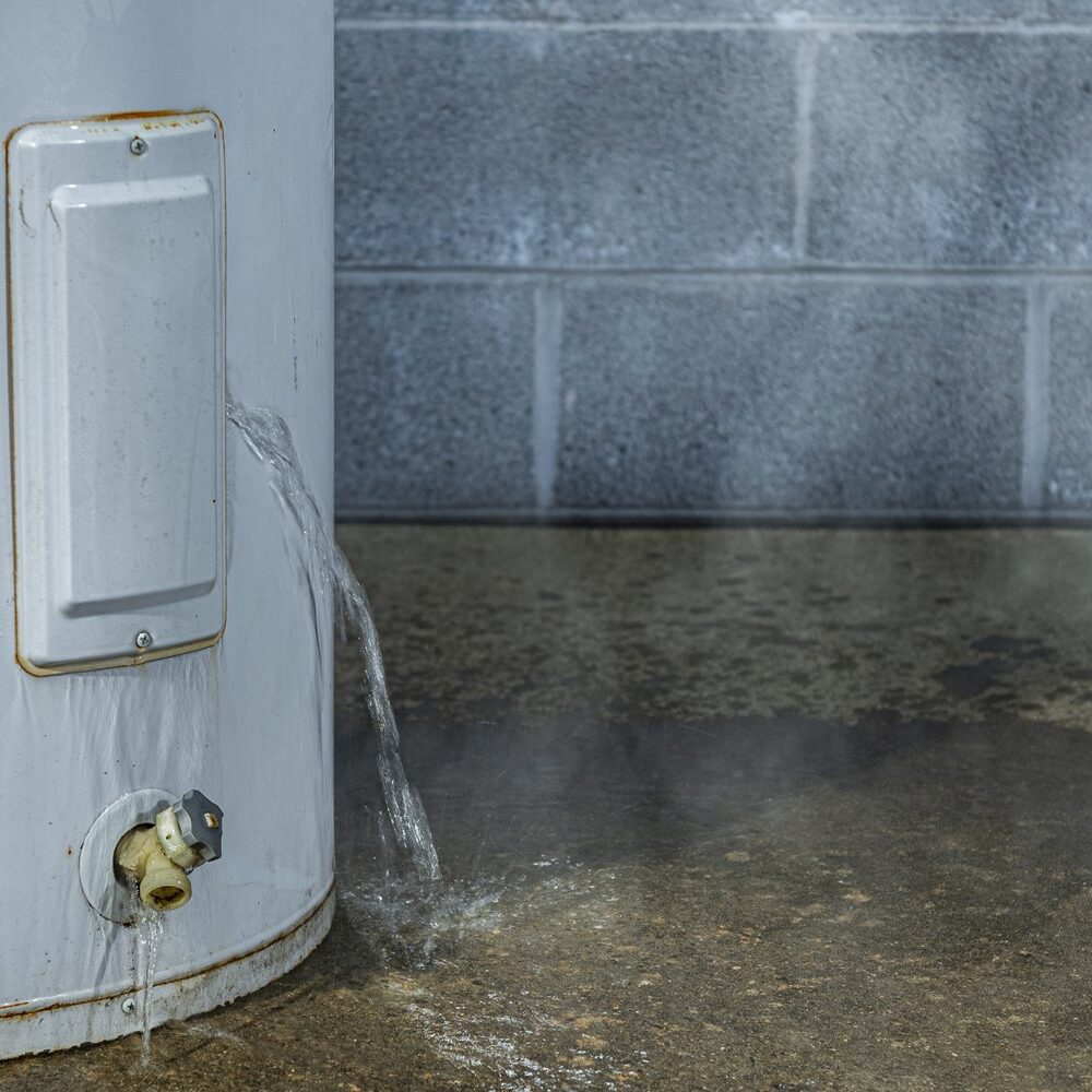 A close-up of water leaking out of an access panel of an electric water heater onto the concrete floor of a basement with a cinder block wall in the background.